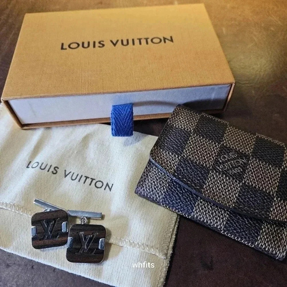 RARE Louis Vuitton Wooden Cufflinks with Ebene Damier Case, dust bag and box - Picture 1 of 6